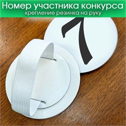Номер участника, крепление - РЕЗИНКА НА РУКУ. Диаметр 86 мм. Номера и цвет любые. 7385